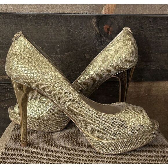 Michael Kors Size 8.5 Gold Sparkle Glitter Platform Peep Toe Pump Heels Bridal - Picture 4 of 16